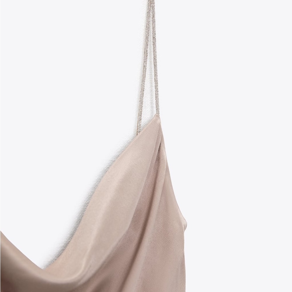 Zara Taupe Satin Rhinestone Jewel Strap Cowl Neckline Mini Slip Dress - Picture 3 of 4
